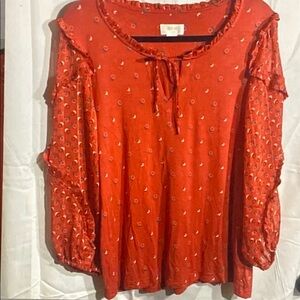 Anthropologie Red Blouse with Ruffle Accents